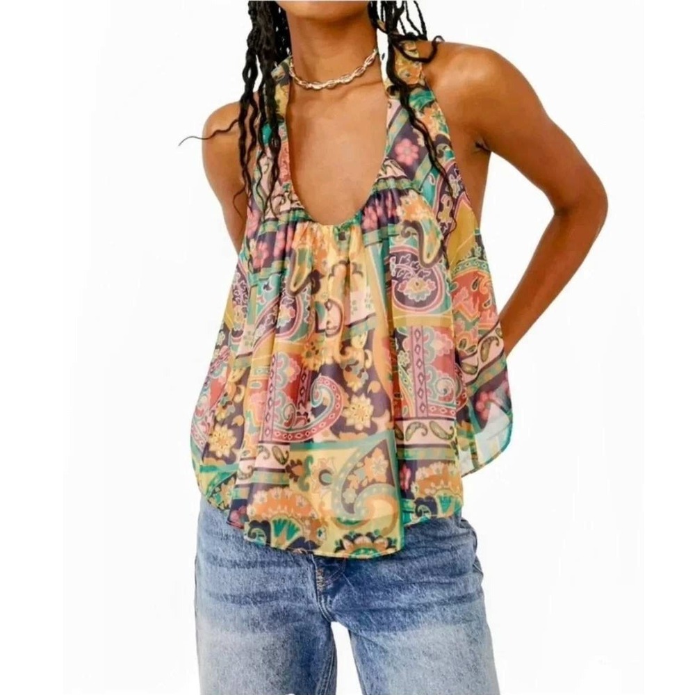 Free People Paisley Patchwork Halter Tank Top Multicolor Boho Trapeze Size M